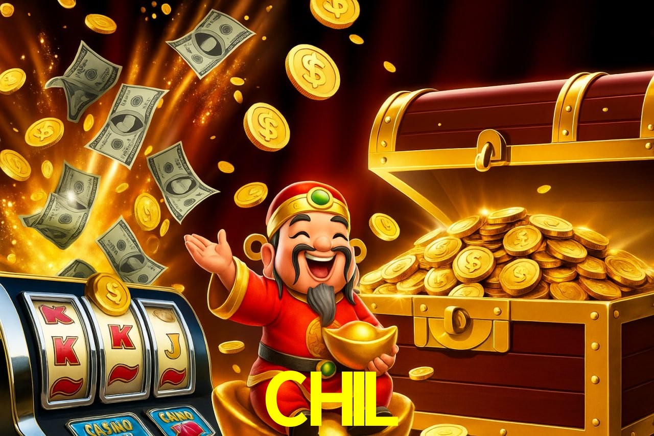 Escena dinámica inspirada en casino con iluminación CHIL, cartas, fichas e íconos de juegos digitales en un espacio moderno de juegos.
